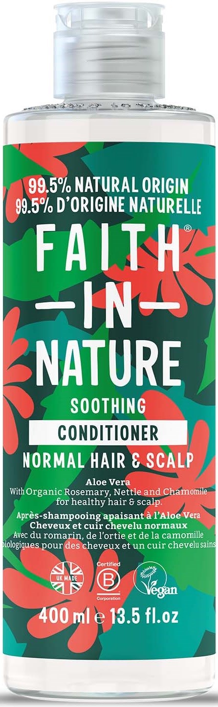 A bottle of natural and soothing conditioner for normal hair and scalp, containing aloe vera, rosemary, nettle, and chamomile.