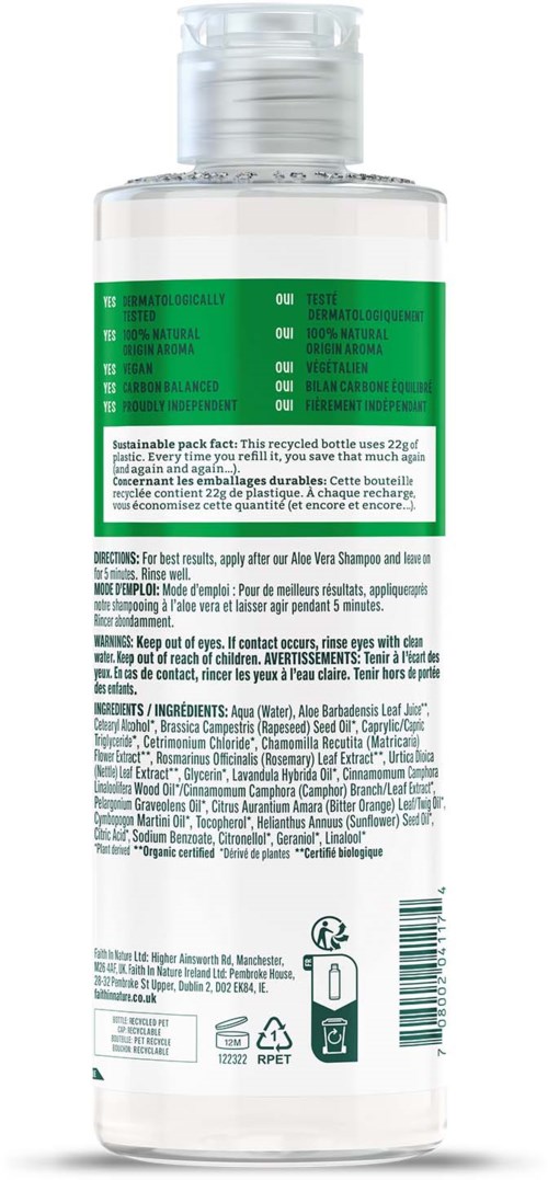 A clear bottle with green label shows instructions and ingredients written in small text.