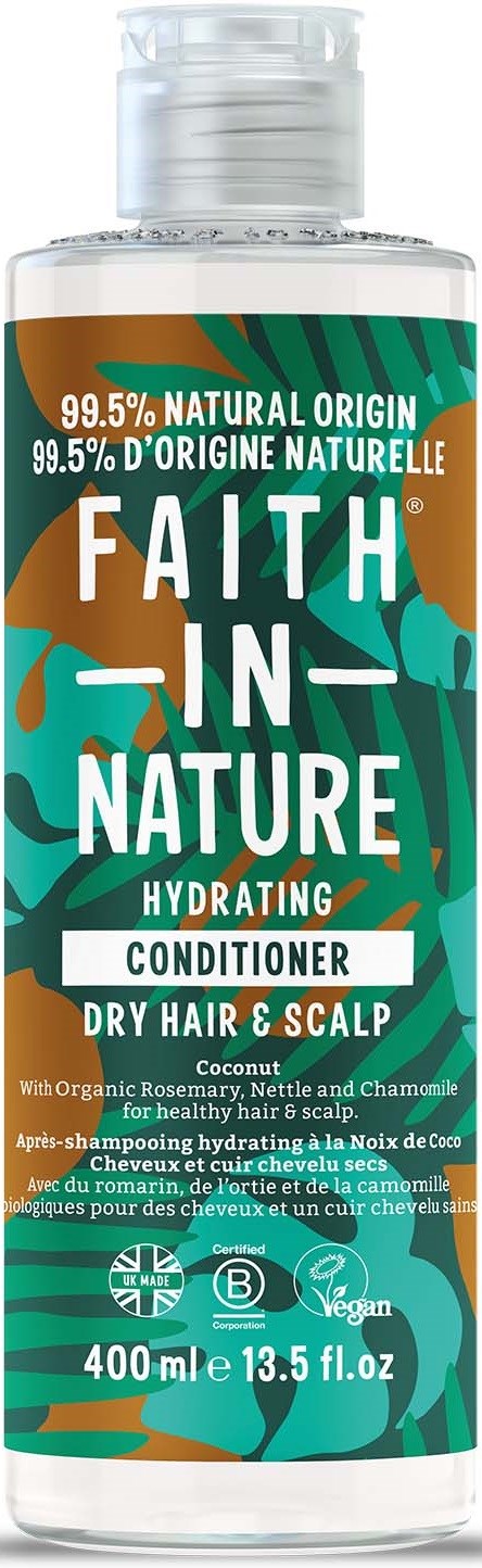 A clear bottle of hair conditioner labeled 'Faith in Nature Hydrating' for dry hair and scalp, with coconut, rosemary, and chamomile.