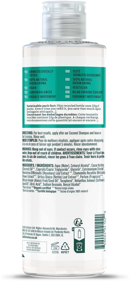 Clear bottle with green and white label, contains liquid, and has a flip cap. Text provides product and usage information.