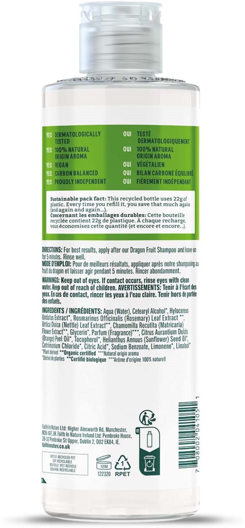 A clear bottle with green and white label, containing a hair care product, with instructions and ingredients listed.