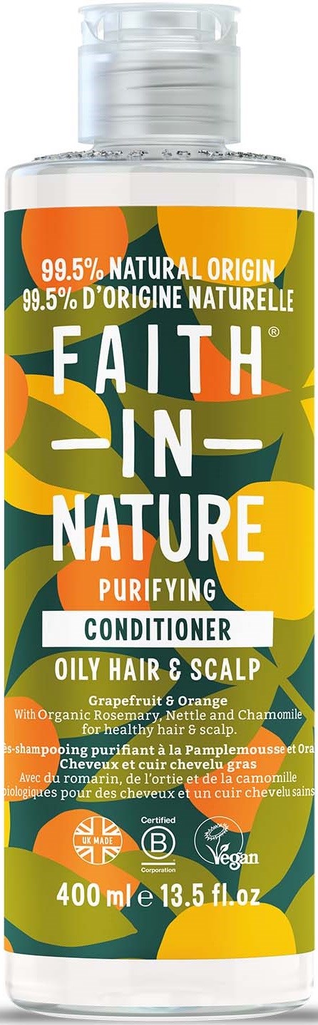 A bottle of hair conditioner named 'Faith in Nature' for oily hair and scalp, with grapefruit, orange, and herbs, 400ml.