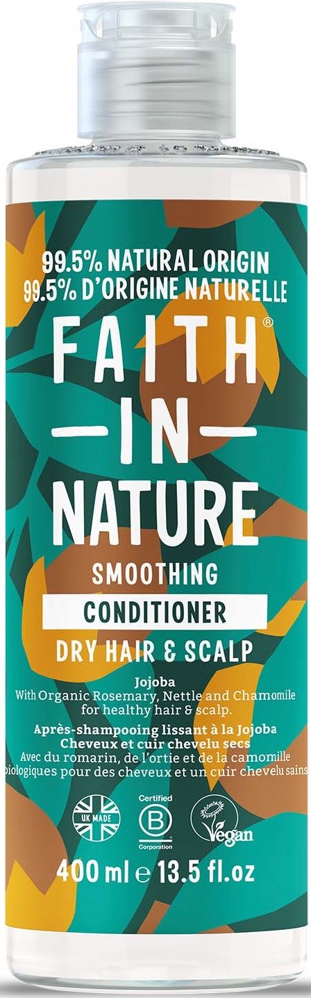 A bottle of conditioner for dry hair and scalp with natural ingredients and a colorful, patterned label.