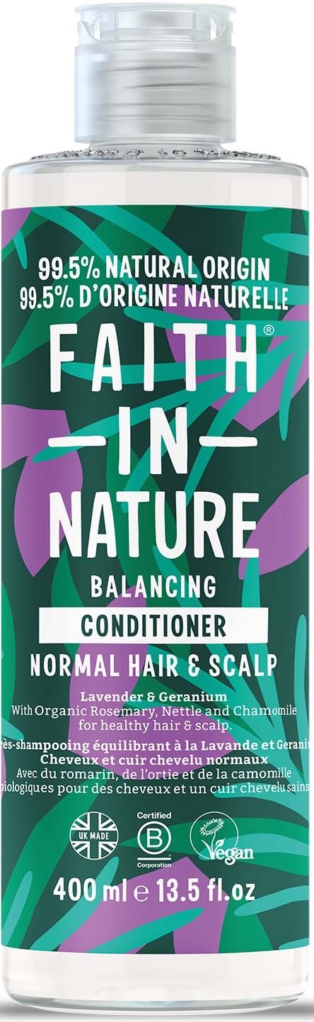 A conditioner bottle labeled 'Faith in Nature' for normal hair and scalp, with lavender and geranium ingredients, 400ml.