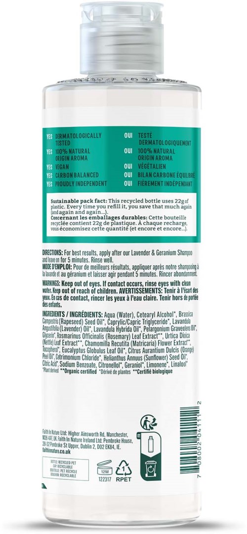 A clear bottle with a teal label, contains lavender and geranium shampoo, with directions and ingredients on the back.