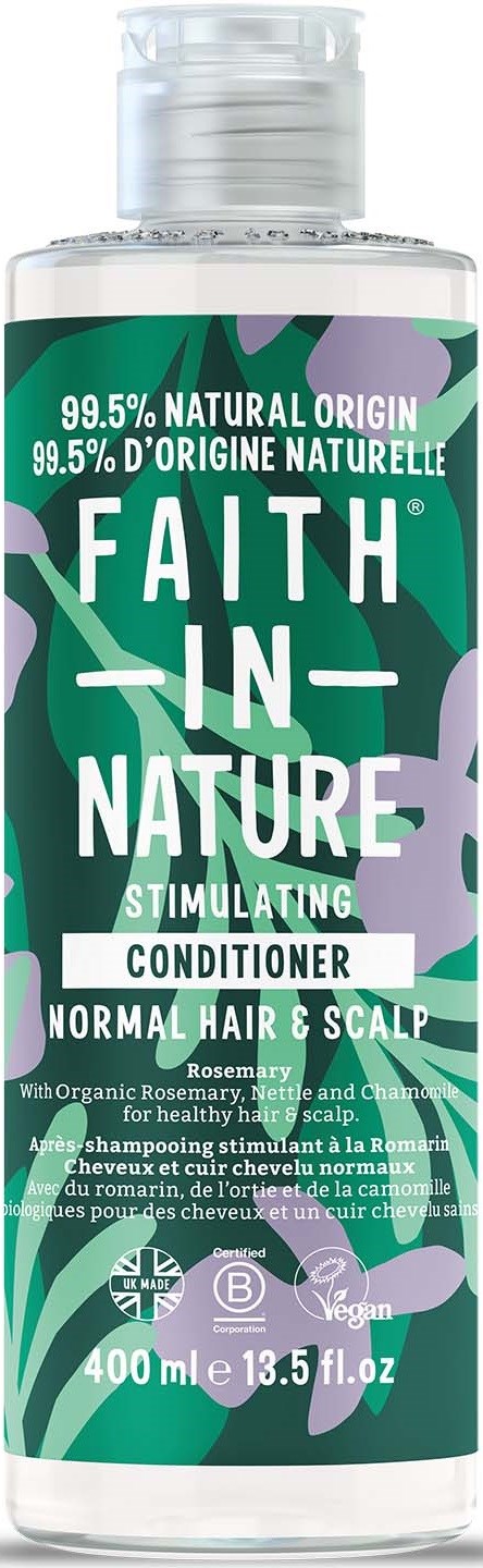 A bottle of natural hair conditioner with green and purple leaf design. It says 'Faith in Nature' and 'Rosemary'.