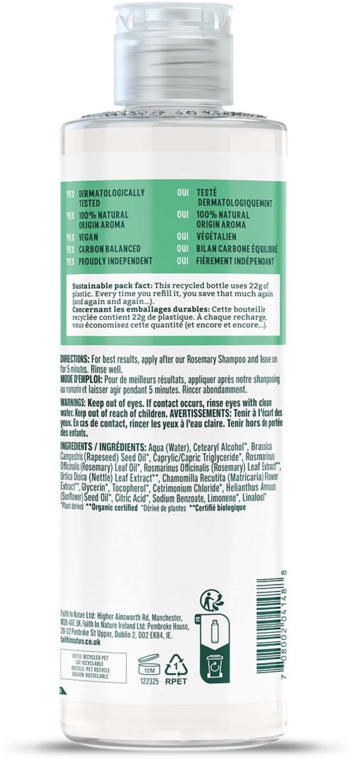 A clear bottle with green and white label containing text about natural ingredients and usage instructions.