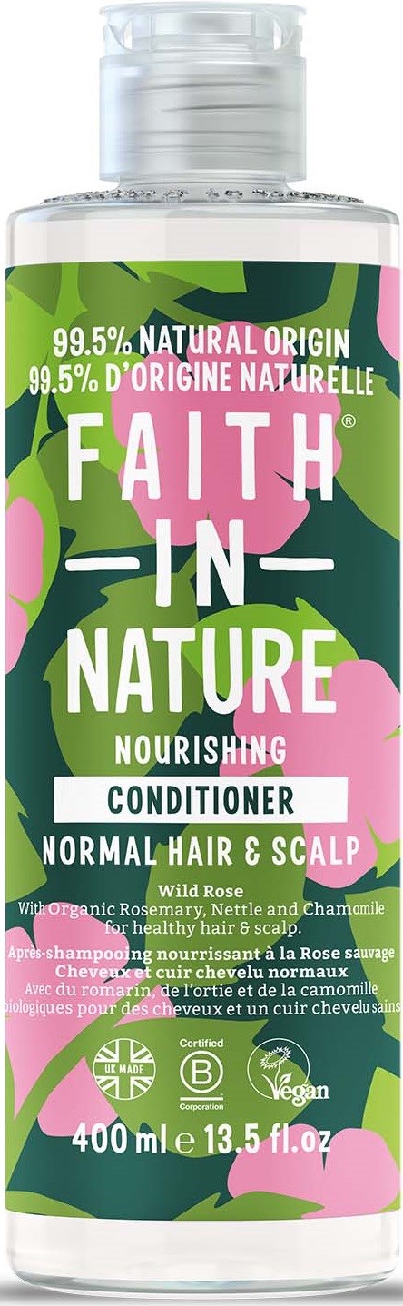 A bottle of natural hair conditioner with green and pink leaf design, labeled 'Faith in Nature' and containing 400ml.