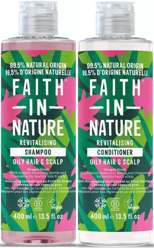 Two bottles of hair care products for oily hair and scalp, with green and pink floral labels.
