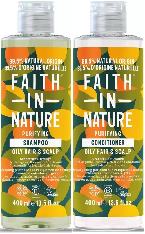 Two bottles of Faith in Nature shampoo and conditioner for oily hair and scalp, with grapefruit, orange, and natural ingredients.