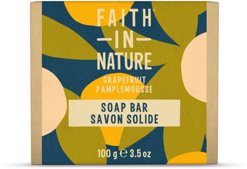 A soap bar package with colorful leaves design, labeled 'Faith in Nature' and 'Grapefruit Pamplemousse.'