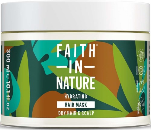 A hair mask jar with colorful leaves design, claims to hydrate dry hair and scalp.