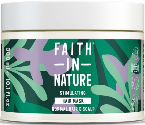 Green and purple herbal-themed jar of Faith in Nature hair mask for normal hair and scalp.