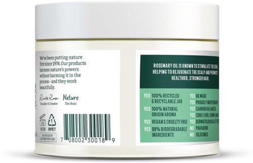 A jar with green and white labels promoting natural, recycled, vegan, and cruelty-free ingredients, featuring a barcode.