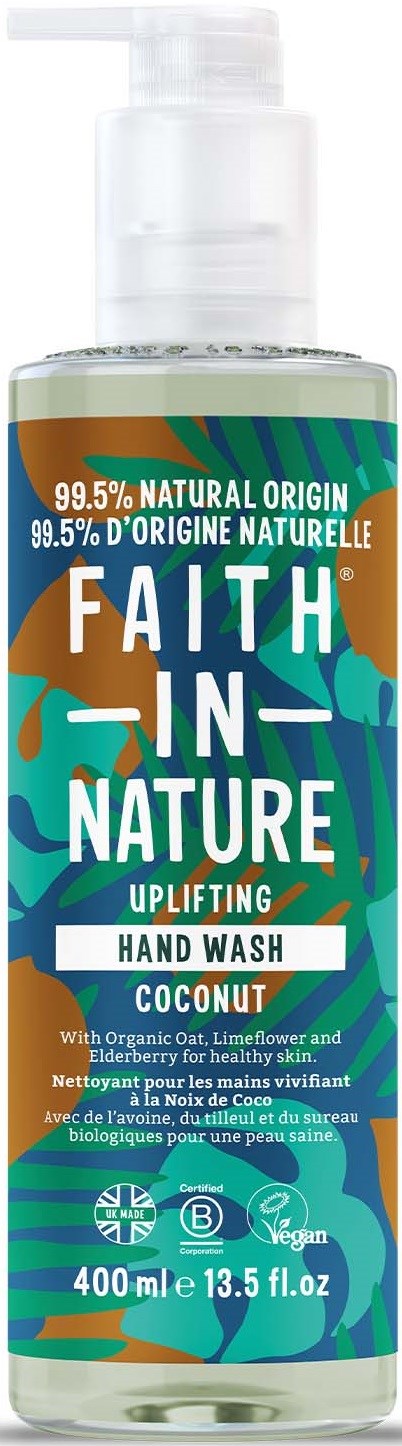 A transparent bottle with a pump top contains Faith in Nature coconut hand wash, labeled as natural, vegan, and suitable for sensitive skin.