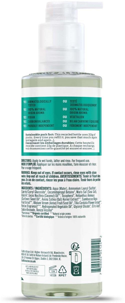 A clear plastic bottle with a white pump, containing a transparent liquid, and a teal label with instructions and ingredients.
