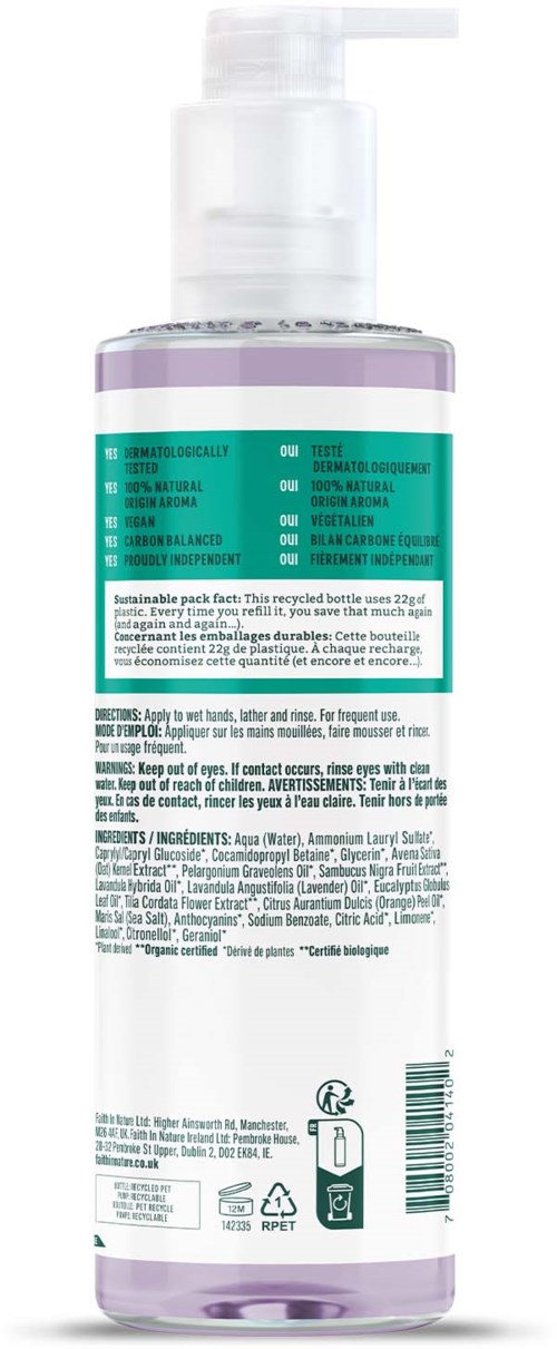 A clear, purple-tinted bottle with a pump top shows a label with ingredients and barcode on the back.