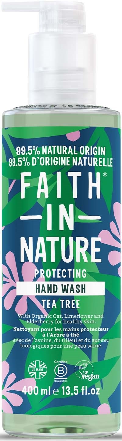 A hand wash bottle with a green, purple, and pink label that promotes natural ingredients and is vegan.