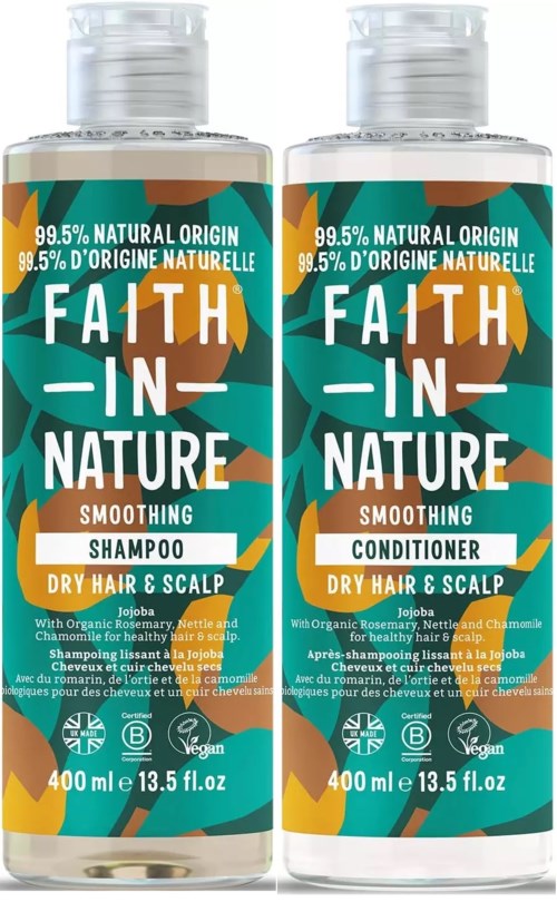 Two bottles of hair care products for dry hair and scalp, one shampoo, one conditioner, with natural ingredients.