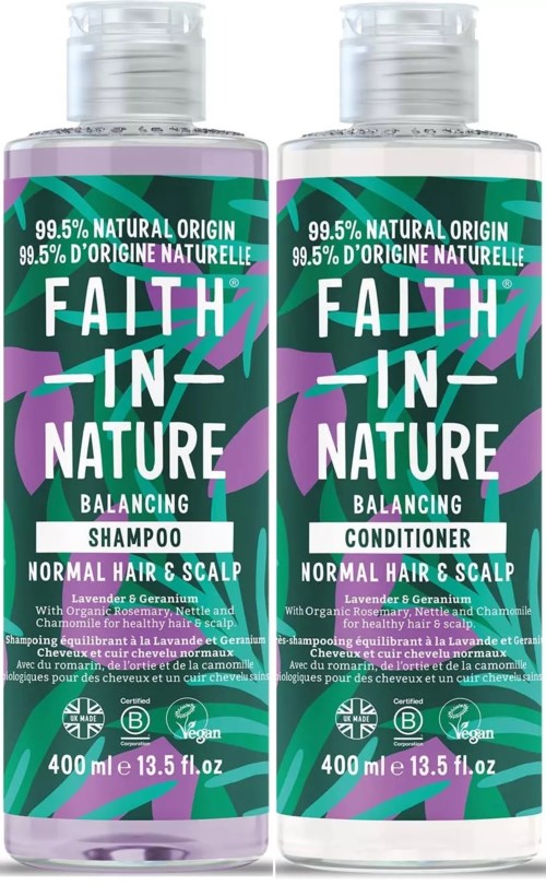 Two bottles of hair care products, shampoo and conditioner, with colorful labels for normal hair and scalp, natural ingredients.