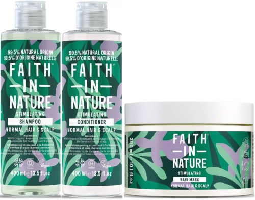 Three hair care products from Faith in Nature: shampoo, conditioner, and a hair mask, all for normal hair and scalp.