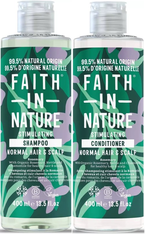Two bottles of hair care products labeled for normal hair and scalp, with natural ingredients like rosemary and chamomile.