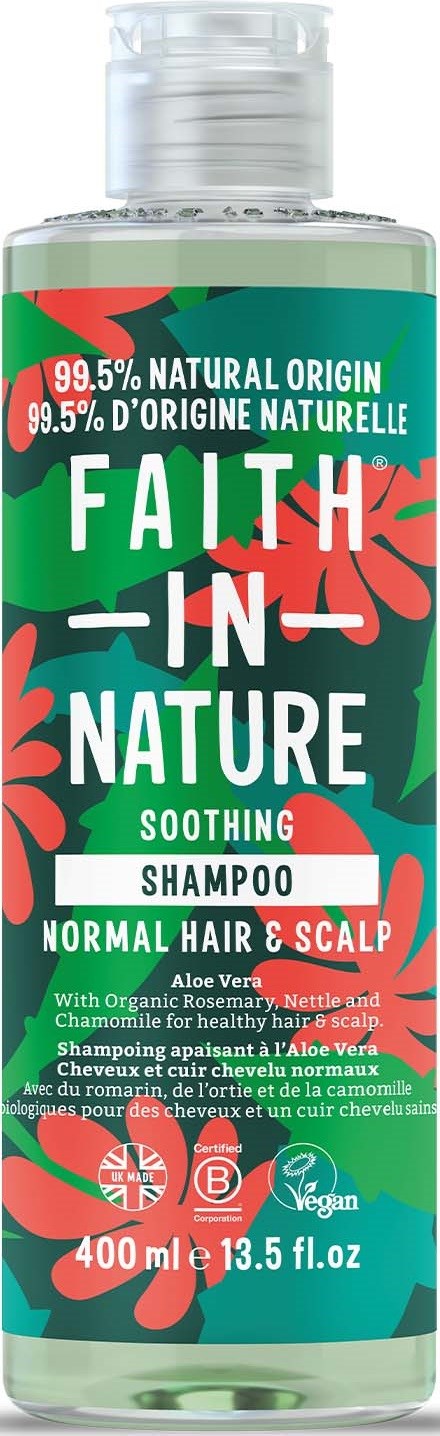 A green bottle with red leaves, labeled 'Faith in Nature Soothing Shampoo' for normal hair and scalp.