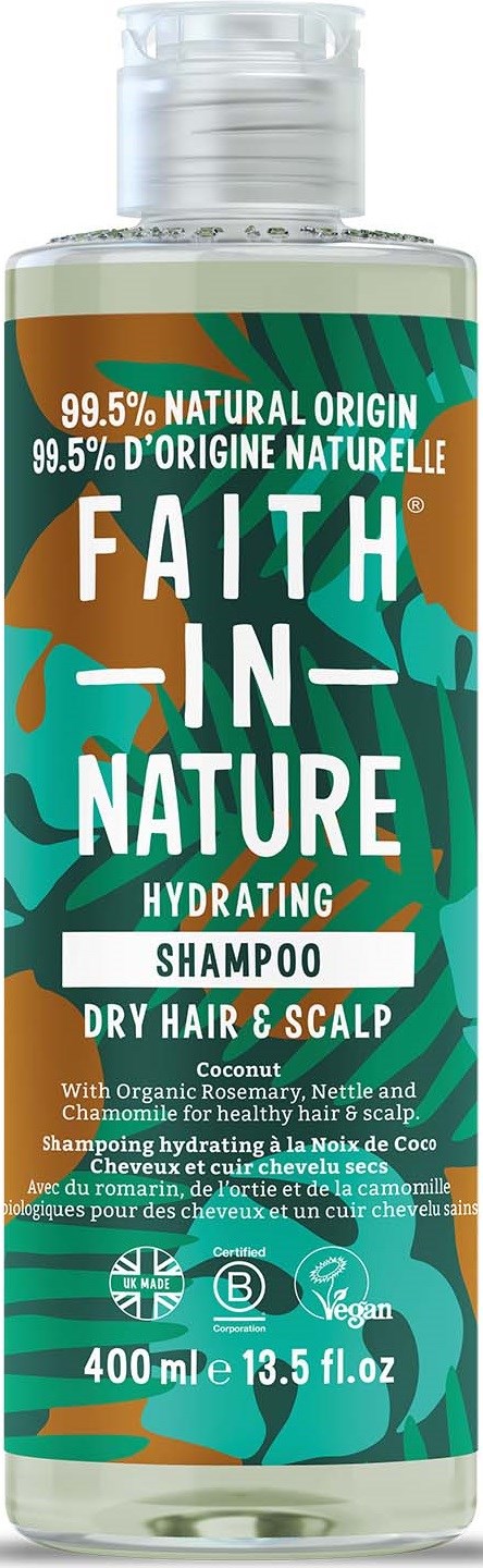 Faith in Nature hydrating shampoo for dry hair and scalp, bottle features green and brown leaves design, 400ml.
