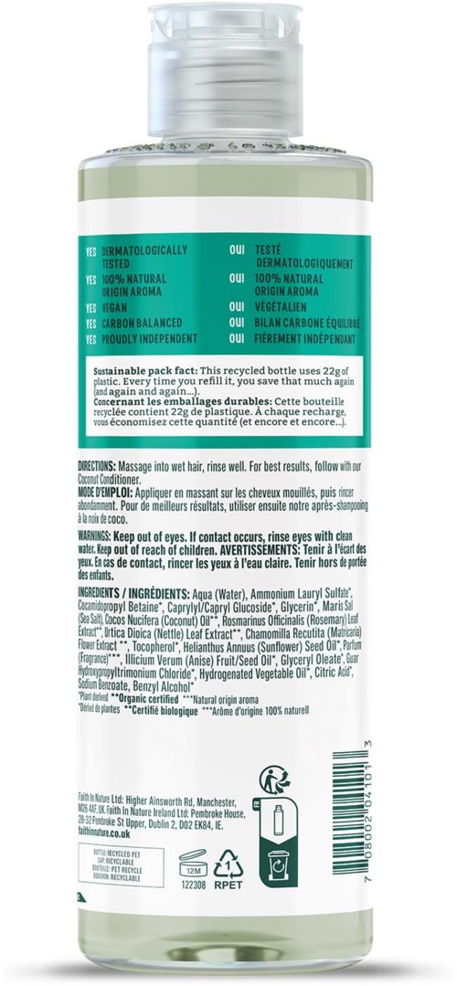A clear plastic bottle with a label, key points about natural, safe ingredients and instructions for use.