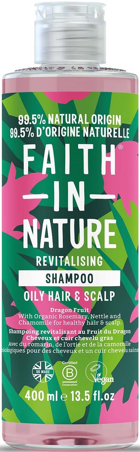 Pink and green bottle with natural ingredients label, shampoo for oily hair and scalp, 400 ml size.