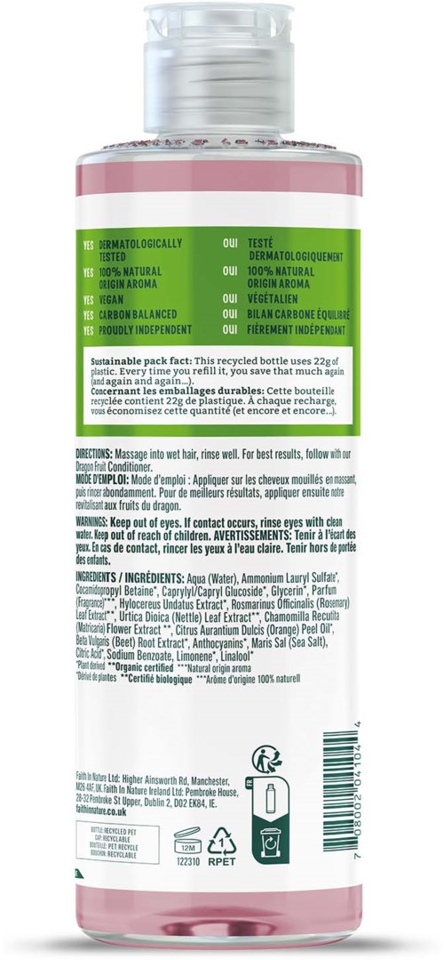 Pink and white bottle with green text, contains a skincare product, with instructions and ingredients listed.