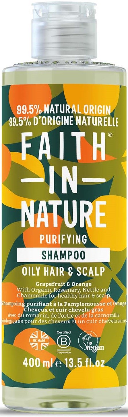 A clear bottle of shampoo for oily hair and scalp with grapefruit and orange scent, natural ingredients, 400 ml.