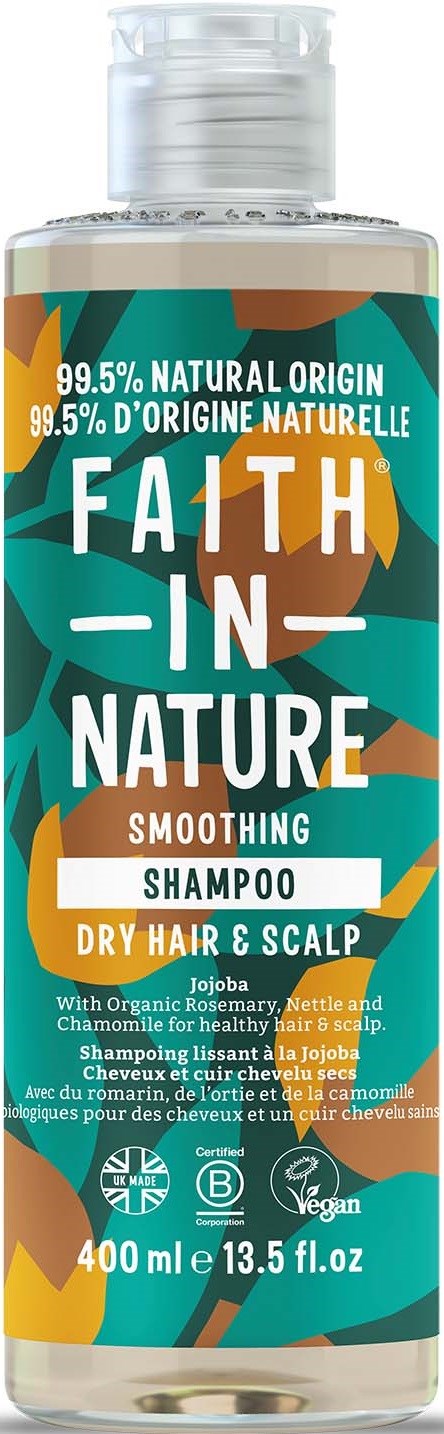 Shampoo bottle labeled 'Faith in Nature' for dry hair and scalp, with natural ingredients and vegan label.