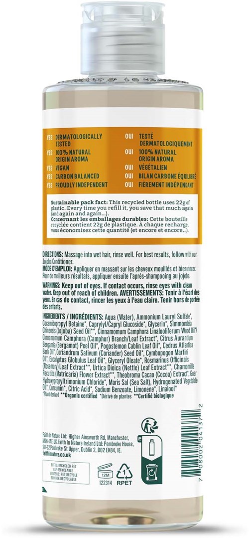 A clear bottle with a white cap, orange and white label, and detailed text about ingredients and instructions.