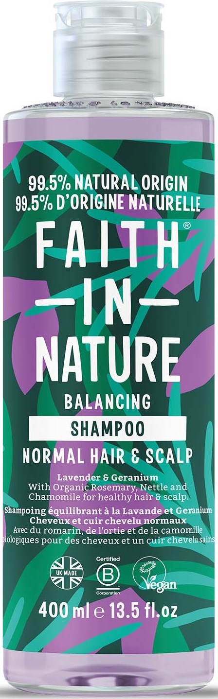 A bottle of natural balancing shampoo for normal hair and scalp, with lavender, geranium, rosemary, nettle, and chamomile.