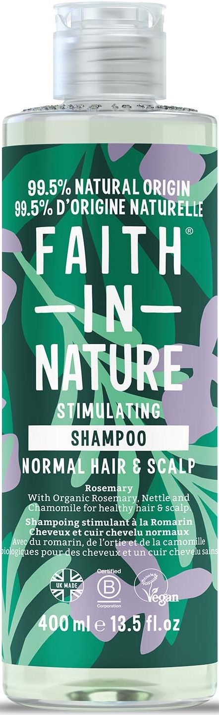 A green and purple label shampoo bottle claims it is natural, stimulates hair, with rosemary and vegan ingredients.