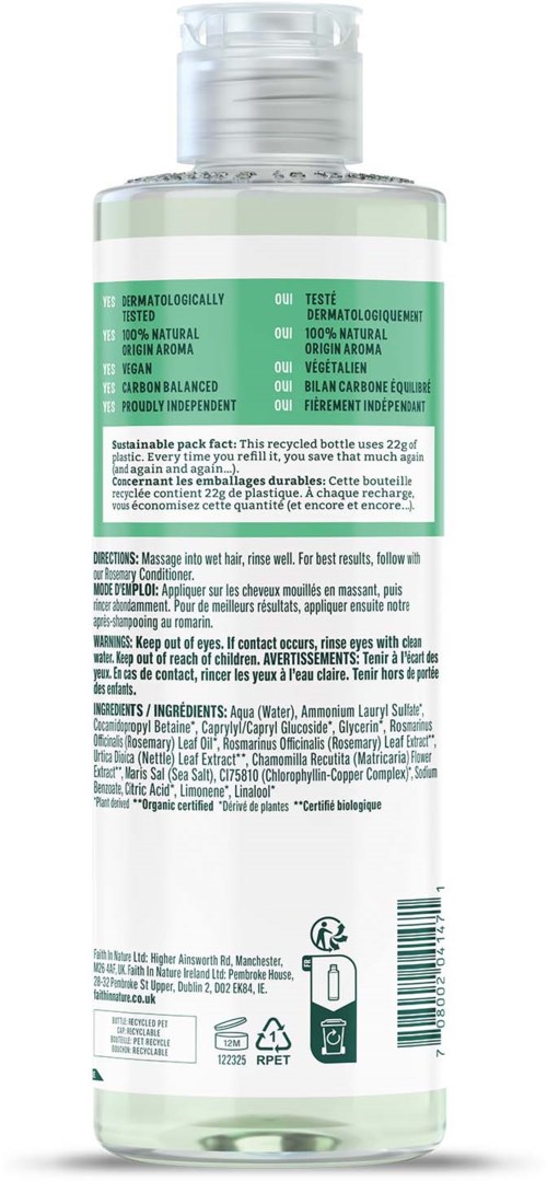 A clear bottle with a green and white label contains a skincare product. Instructions and ingredients are listed on the back.