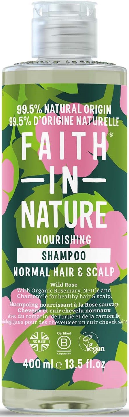 A shampoo bottle labeled "Faith in Nature" with green and pink floral design, suitable for normal hair and scalp.