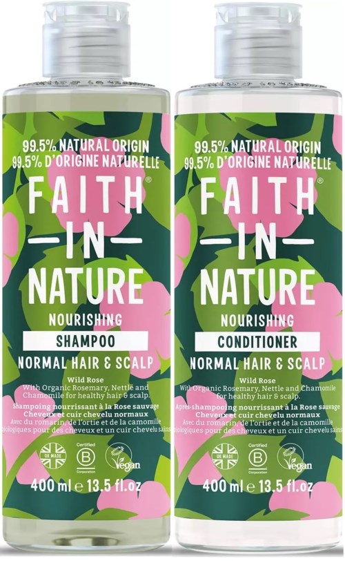 Two bottles of hair care products, one shampoo and one conditioner, with green and pink labels, natural ingredients, vegan, 400ml each.