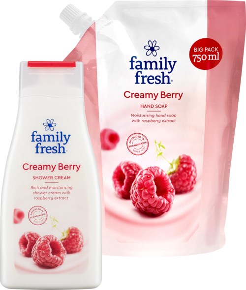 Family Fresh kermaisen marjan suihkuvoide ja täyttöpakkaus kermamarjan käsisaippuaa vadelmilla.