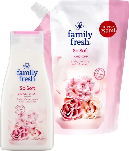 Family Fresh So Soft suihkugeeli ja käsisaippua kukkakuvilla, iso pinkki pakkaus ja valkoinen pullo.