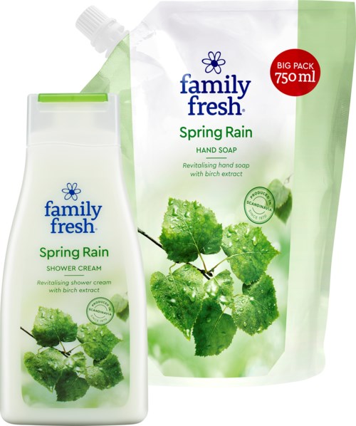 Family Fresh Spring Rain täytempauksessa nestehajusaippua ja suihkuvoide, jossa on koivun uute.