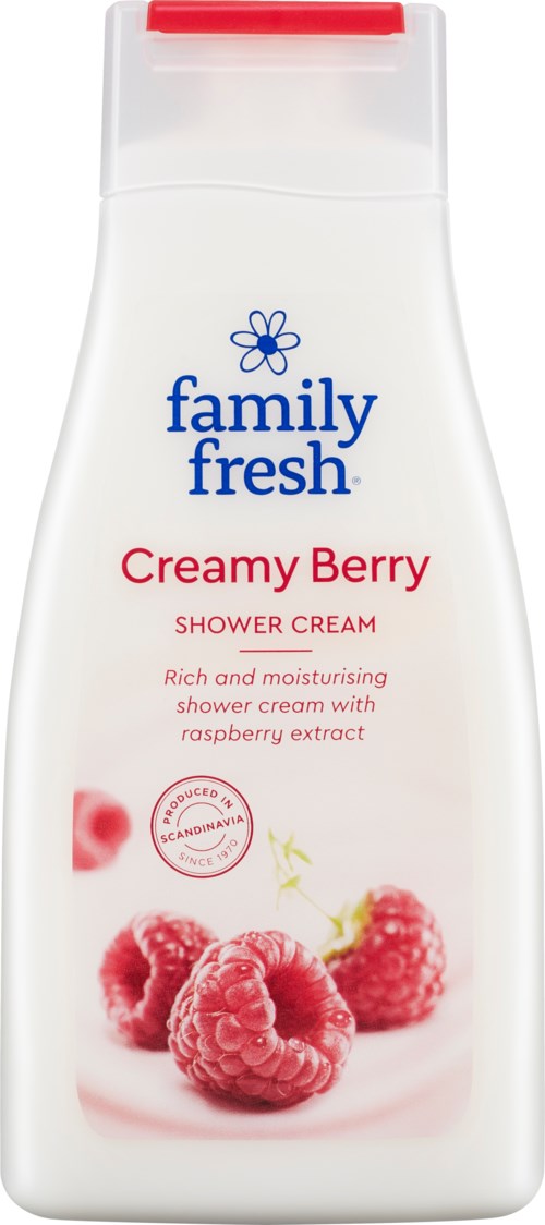 Valkoinen suihkuvoidepullo merkinnällä 'Family Fresh Creamy Berry' ja vadelmakuvilla sekä sinisellä ja vaaleanpunaisella tekstillä.