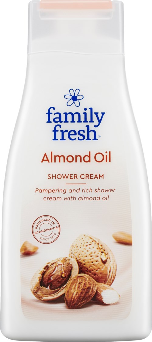 Valkoinen pullo Family Fresh Almond Oil suihkavoiteelle, jossa on kuvia mantelista ja mantelileivästä.