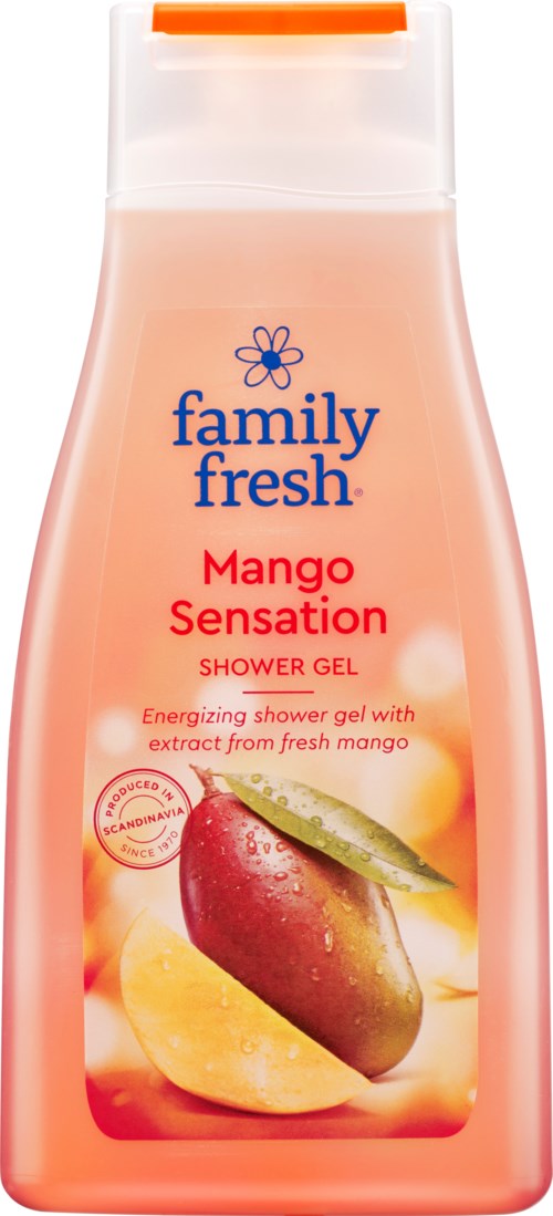 Vaaleanpunainen pullo, jossa lukee "Family Fresh Mango Sensation" suihkugeeli, ja siinä on mango ja acai-marjakuva.