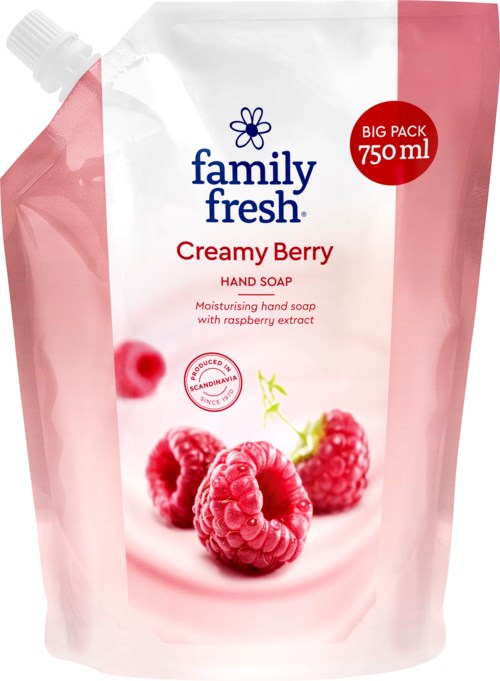 Vaaleanpunainen ja valkoinen täyttöpussi käsisaippualle, etiketissä vadelma ja nimi 'Creamy Berry', 750 ml.