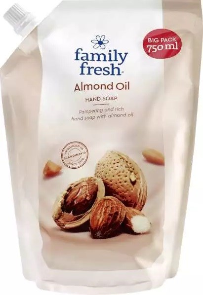 Valkoisen Family Fresh Manteliöljyseepin täyttöpussi, suuri pakkaus, 750 ml.