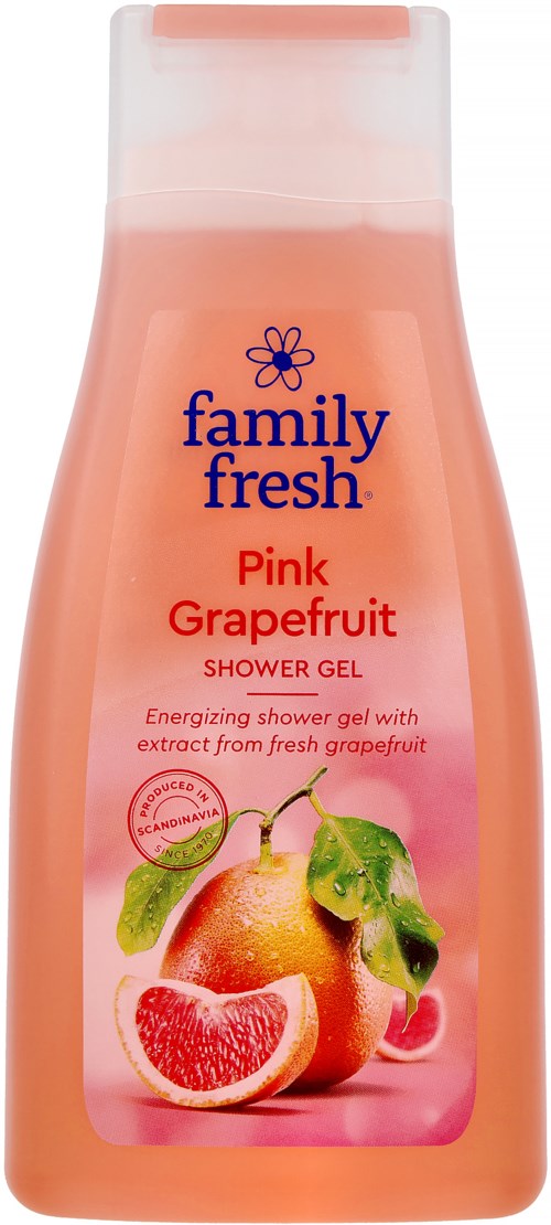 Kylpygeelipullo, jossa pink grapefruit -maku, kuvassa greipfruutti ja brändin nimi 'family fresh' kukkalahjoilla.