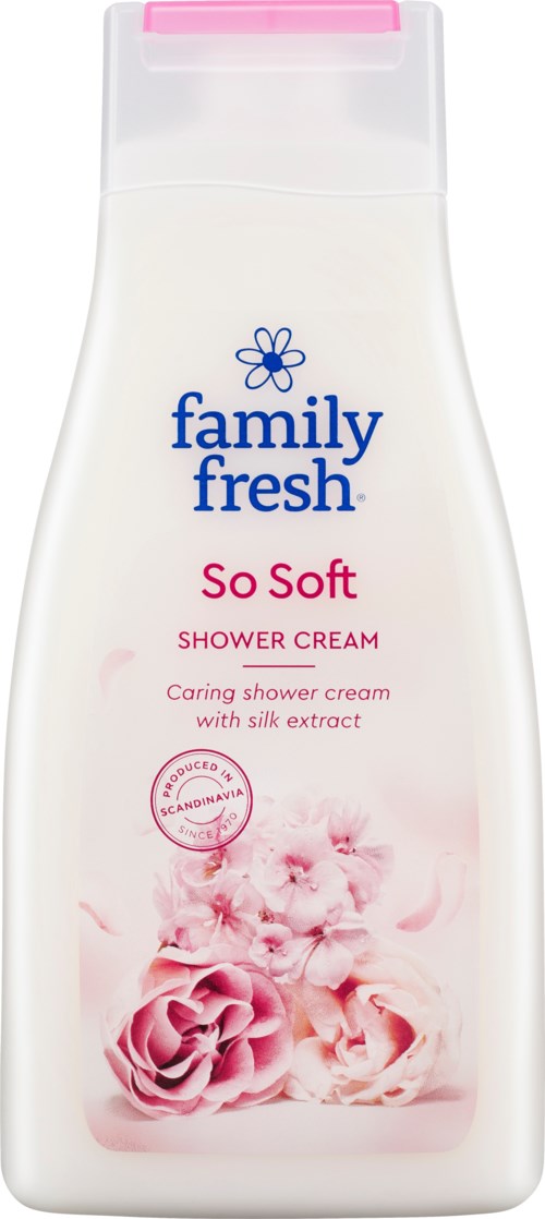 Valkoinen Family Fresh suihkuvoide pullo, jossa on vaaleanpunaisia kukkia ja vaaleanpunainen korkki, merkitty "So Soft" hoitavaan suihkuun.