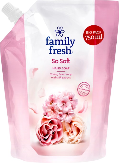 Pinkki ja valkoinen pussi käsisaippuaa, etiketissä 'Family Fresh So Soft,' 750 ml.